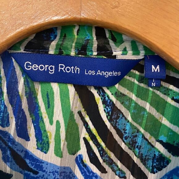 George Roth Sz M Sheer Blue Green Large Tropical Flowers Sequin Collar Tunic - Picture 6 of 8